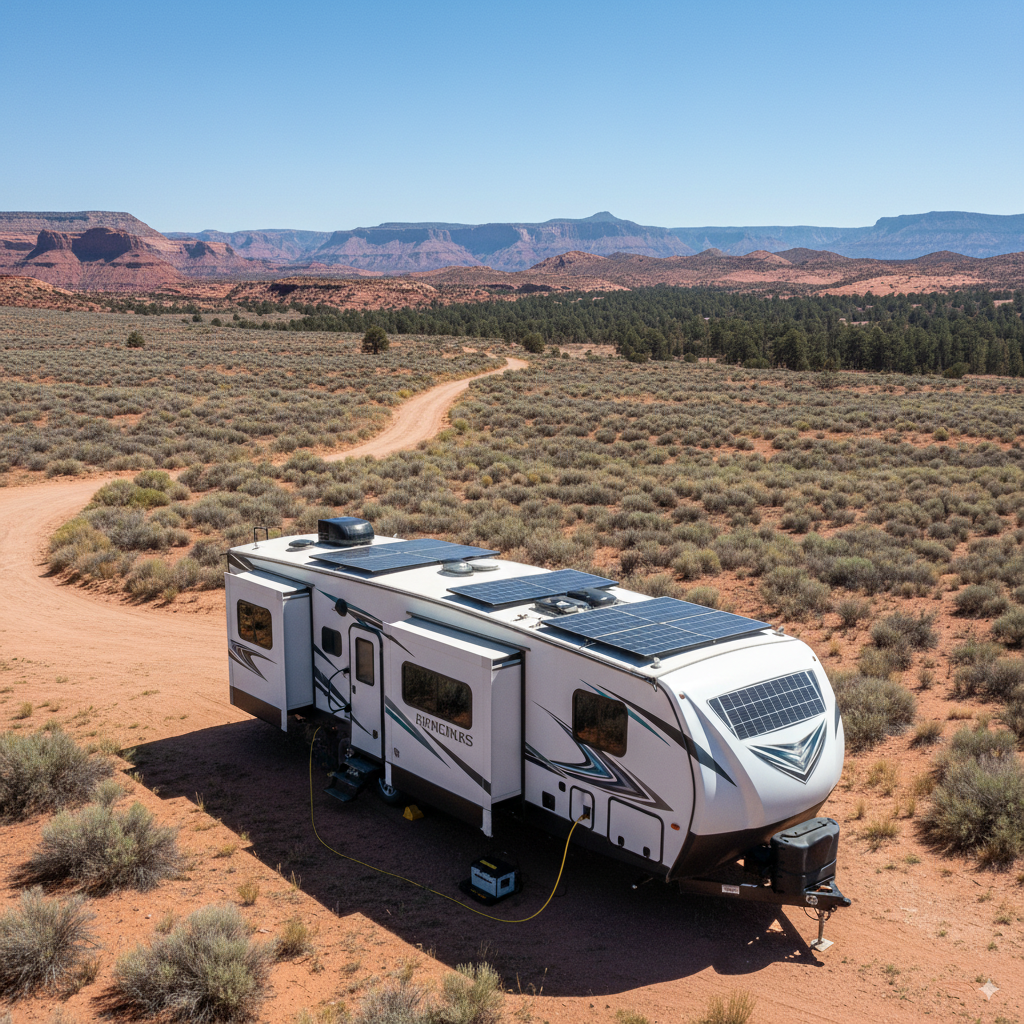 An RV with solar panels installed on its roof while boondocking in a sunny, remote location