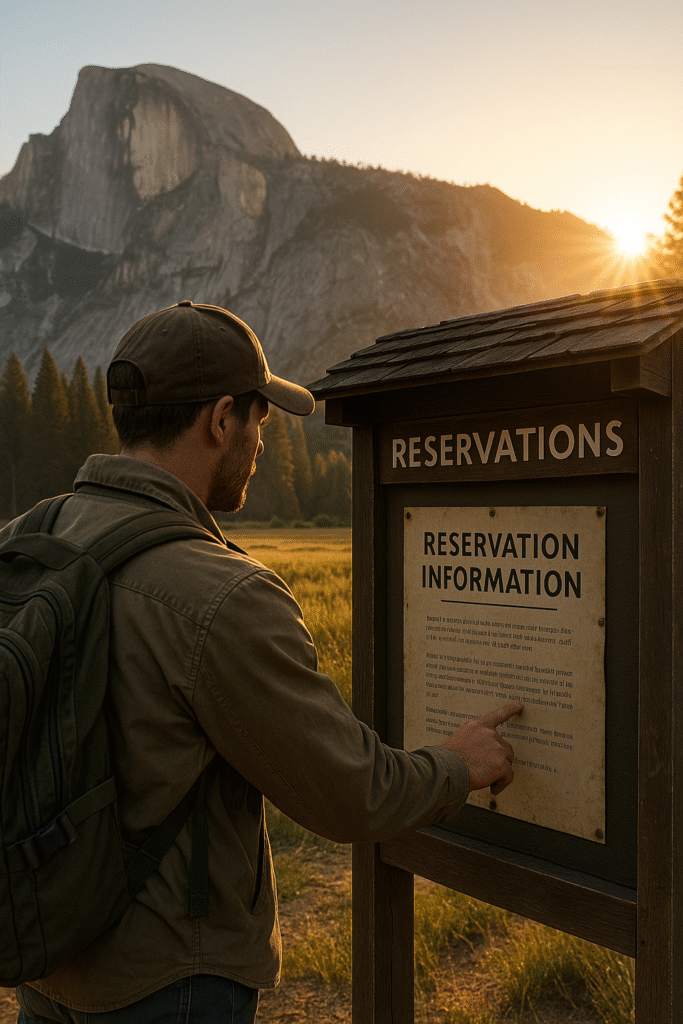 Photo-realistic scene of a hiker reading a reservation information board at a national park entrance with mountains in the background at sunrise.