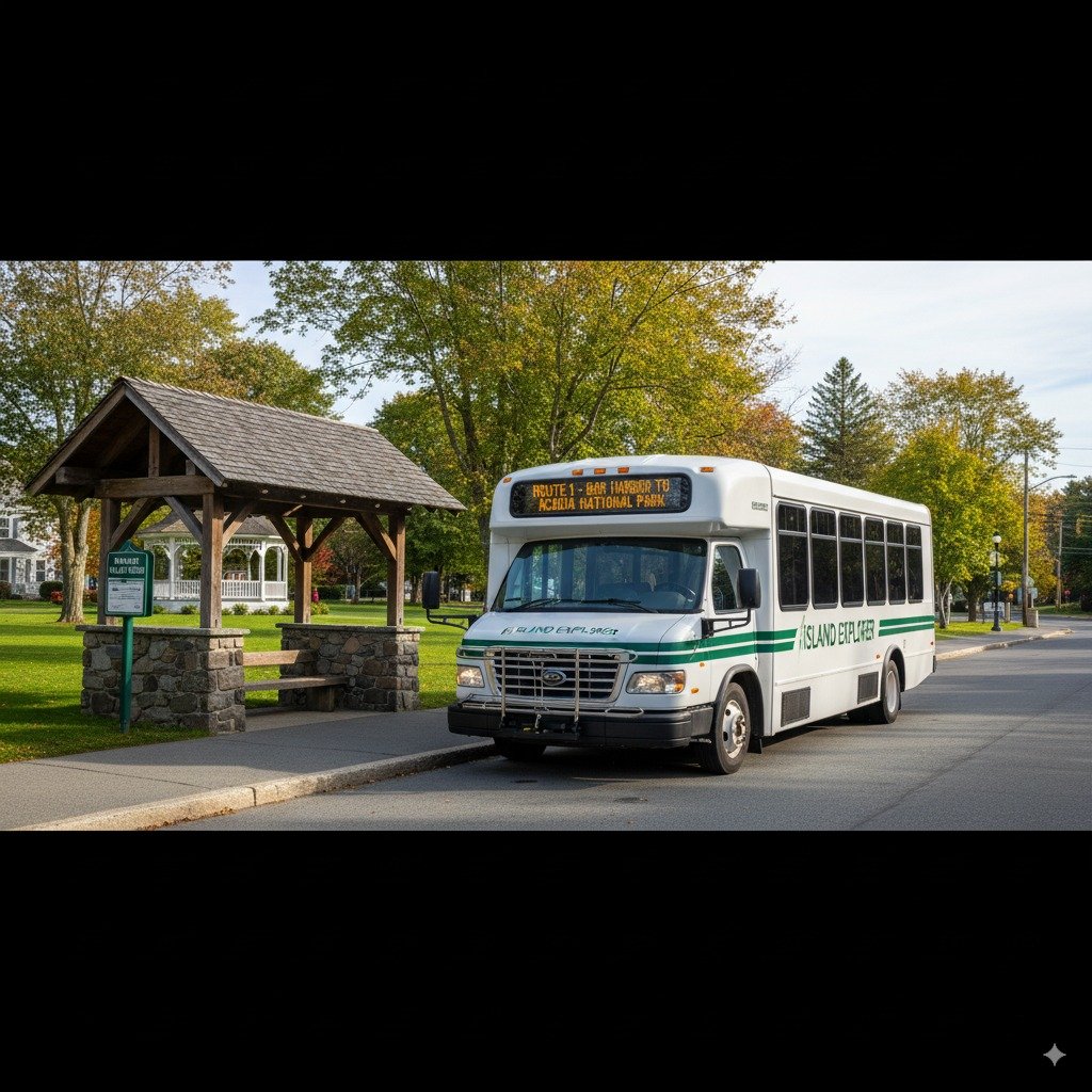 Island Explorer shuttle bus at Bar Harbor Village Green stop
