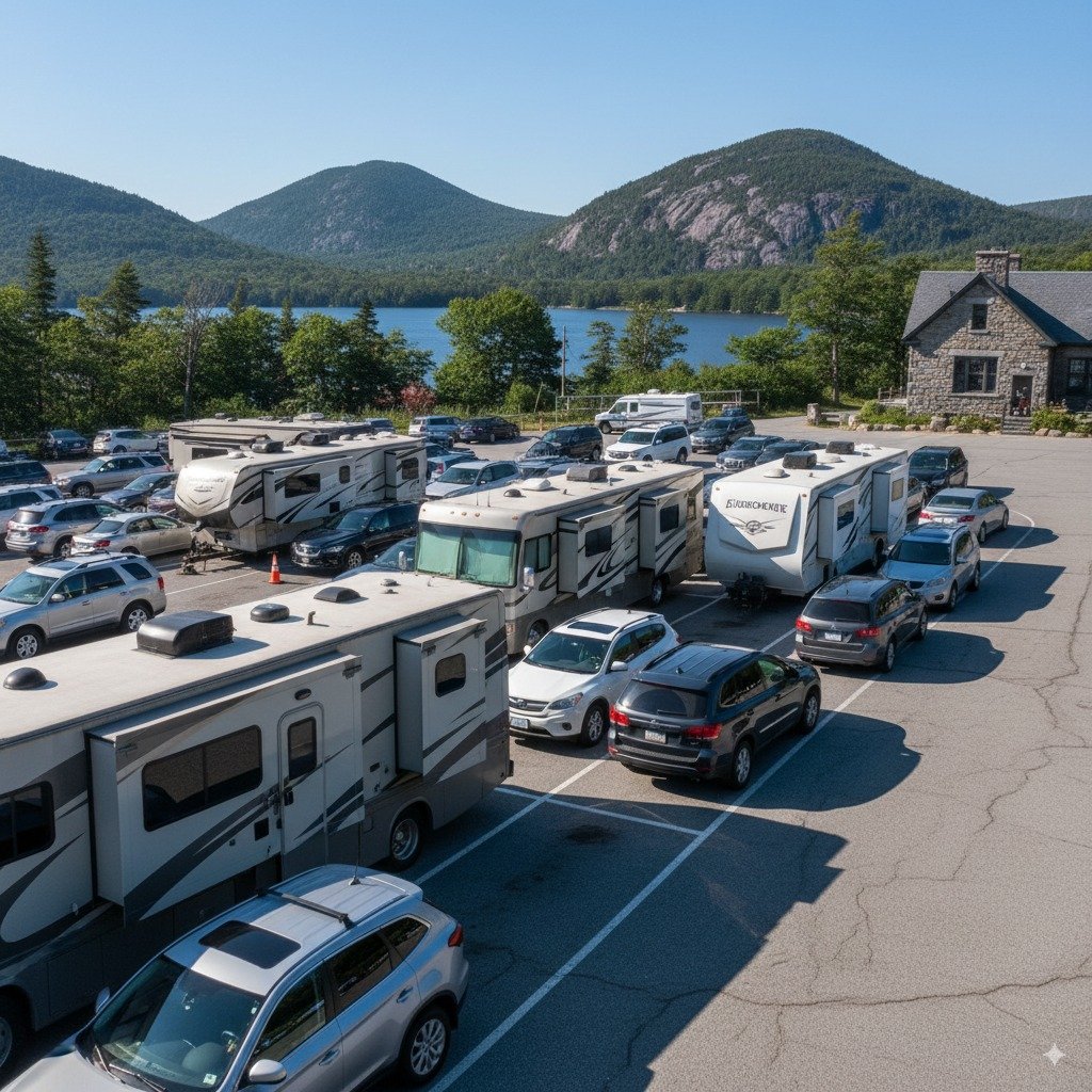 Crowded parking conditions at Jordan Pond House showing RV parking challenges
