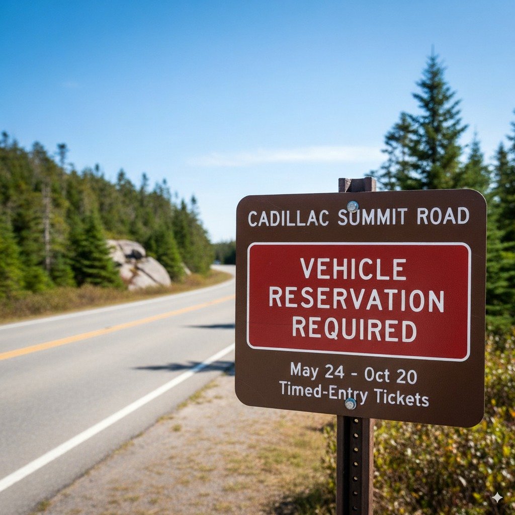 Vehicle reservation required sign for Cadillac Summit Road in Acadia National Park
