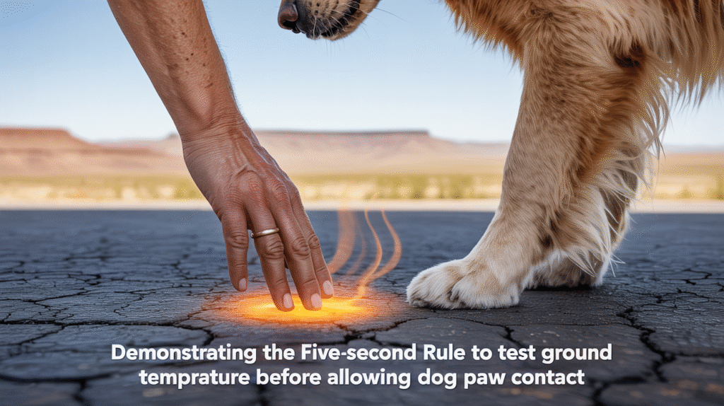 Demonstrating the five-second rule to test ground temperature before allowing dog paw contact