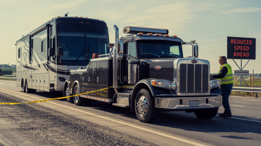 A large Class A motorhome  being towed by a massive, heavy-duty tow truck