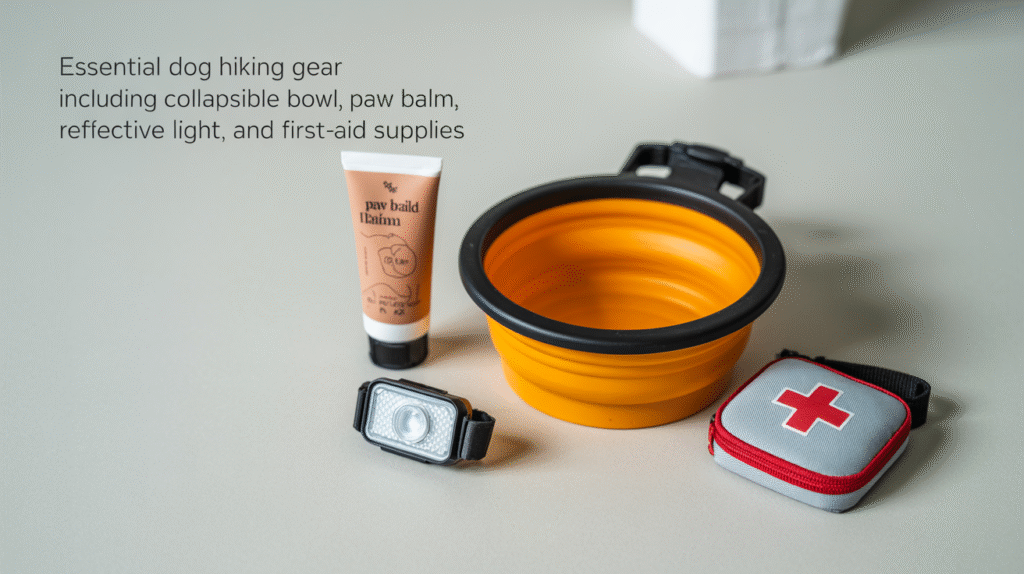Essential dog hiking gear including collapsible bowl, paw balm, reflective light, and first-aid supplies