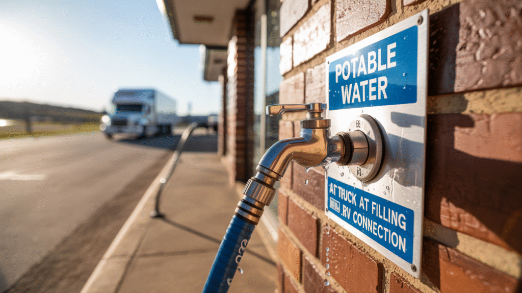 Potable water spigot at truck stop with RV filling connection