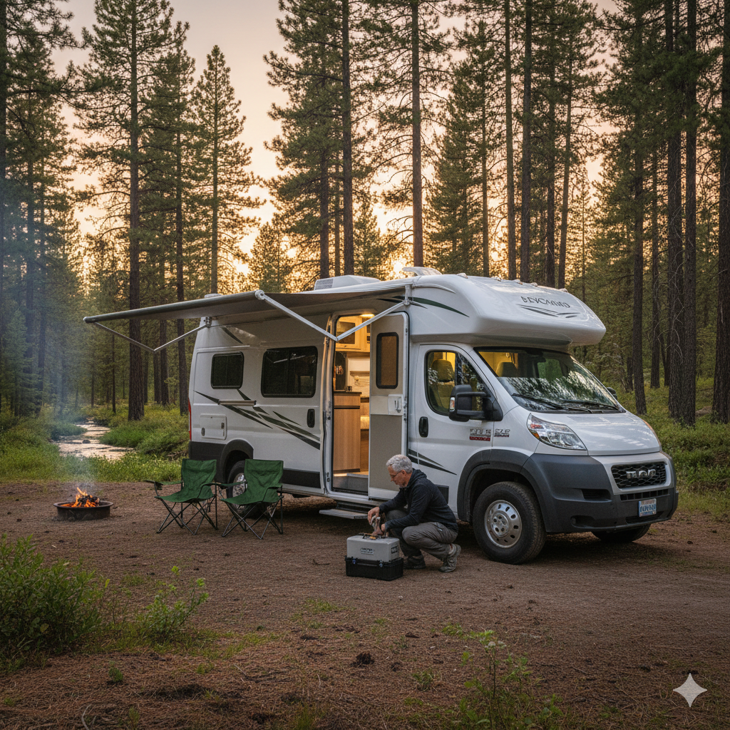 Coachmen Beyond parked in a serene, remote campsite.
