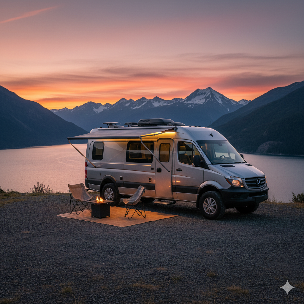 Airstream Interstate (Sprinter-based) camper van in a luxurious yet remote setting at sunset.