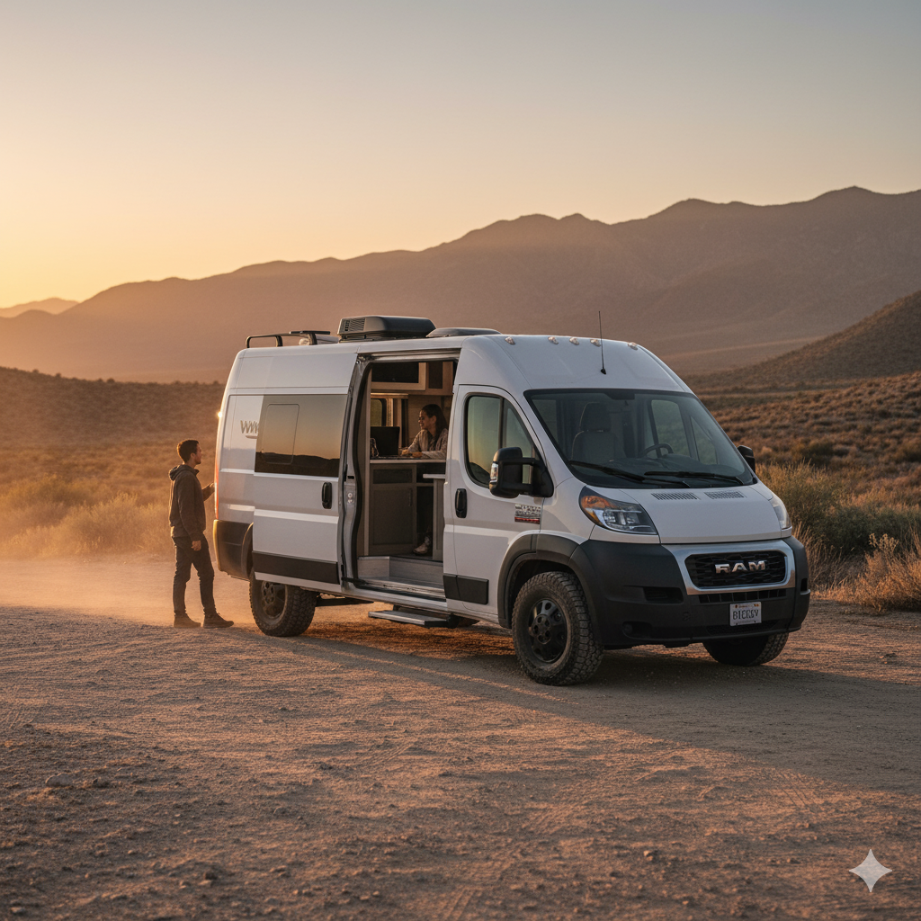 A Travato on a less aggressive dirt road