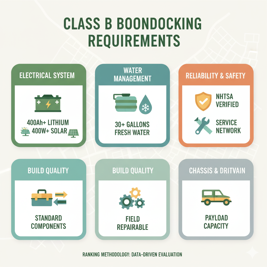 An infographic-style image showing essential boondocking components: a battery bank with "400Ah Lithium" visible, a water tank icon with "30+ Gallons," and a small solar pane
