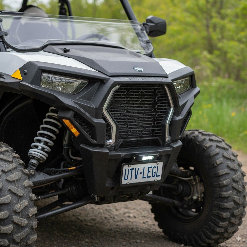 Close-up detail shot showing the required street-legal equipment on a UTV's front end