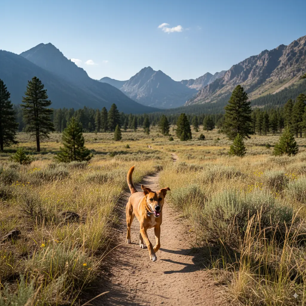 A happy dog enjoys hiking on a trail in a vast National Forest landscape