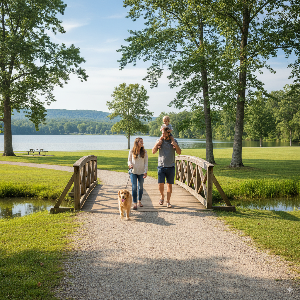 A family walks their leashed dog on a path in a scenic state park