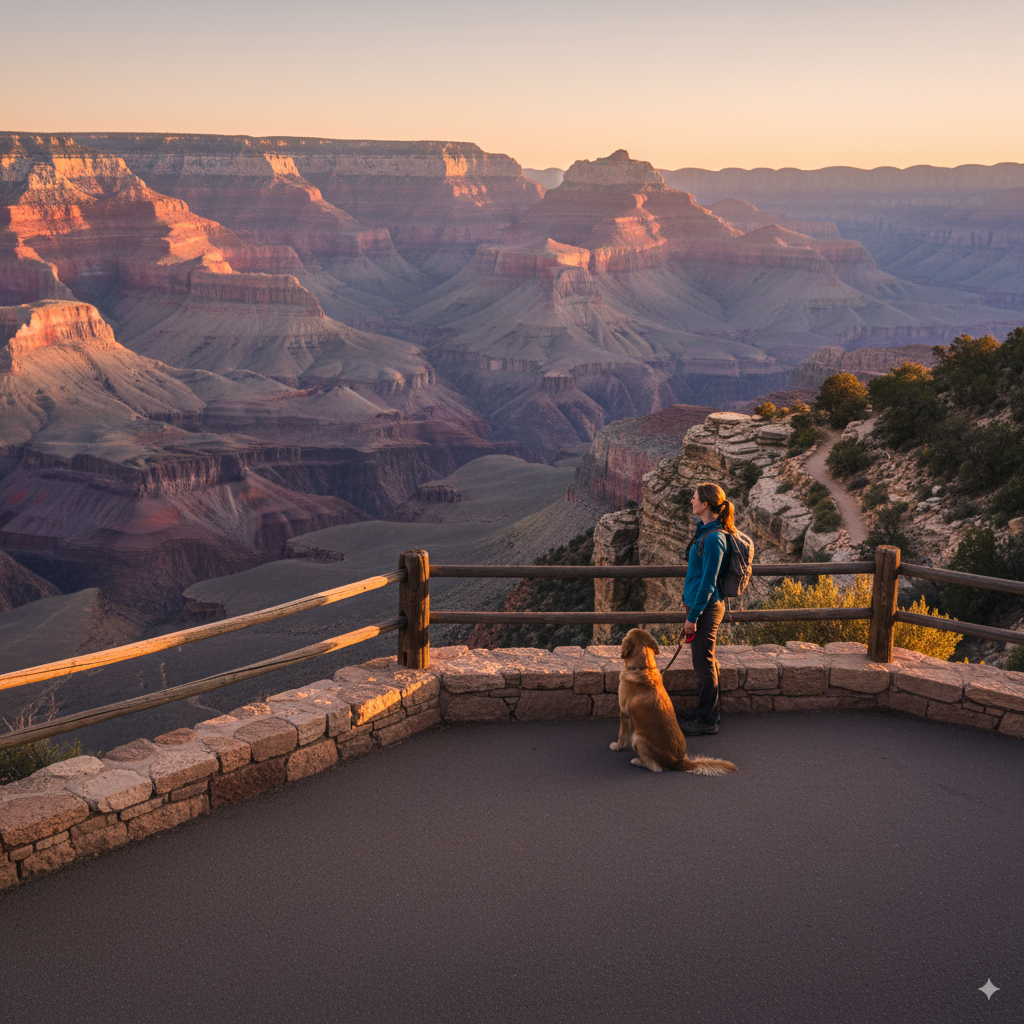 A leashed dog on a paved overlook at a National Park, illustrating restricted trail access