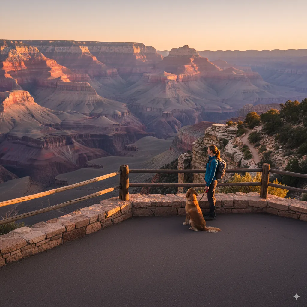 A leashed dog on a paved overlook at a National Park, illustrating restricted trail access