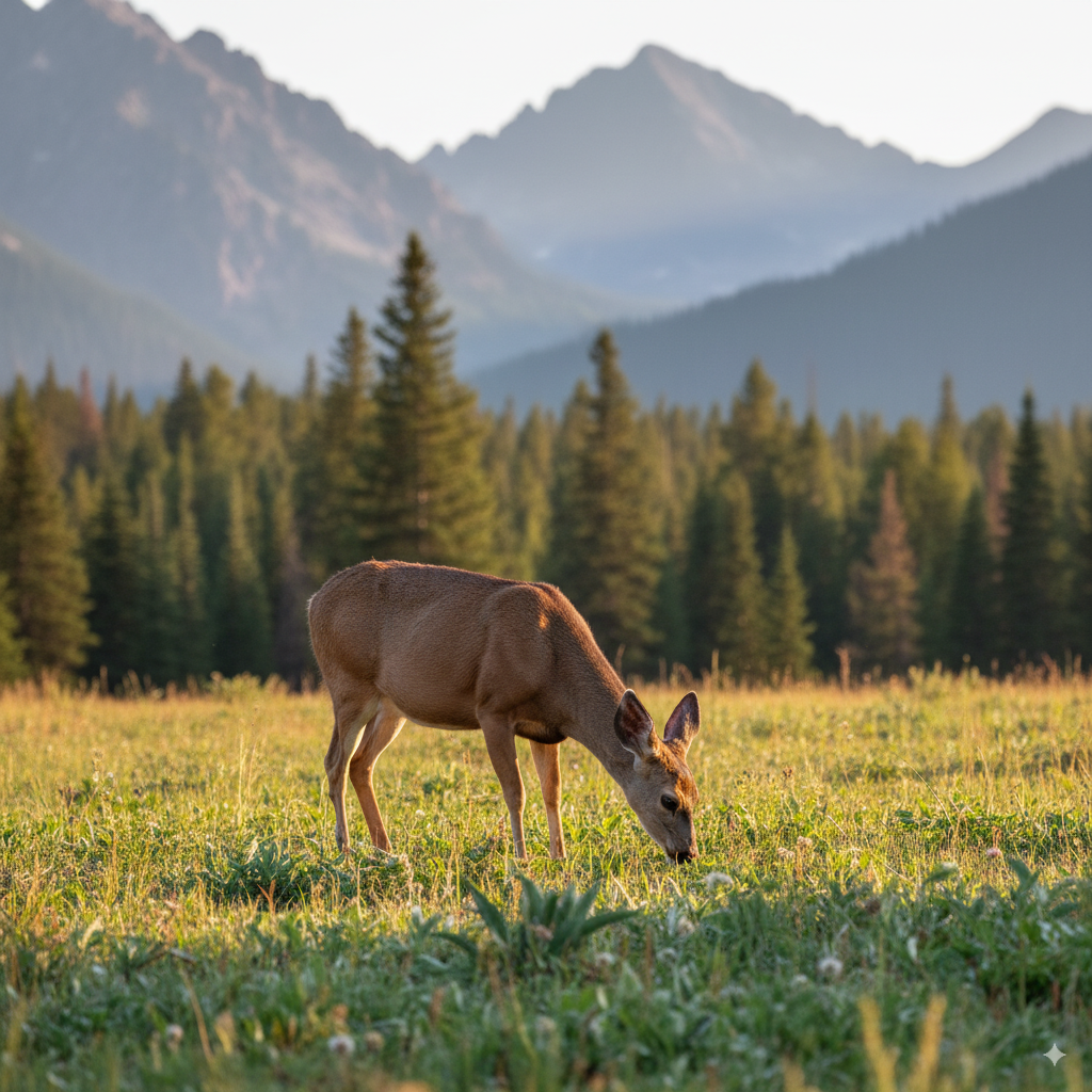 A deer stands in a meadow, representing the wildlife protected by pet restrictions in national parks