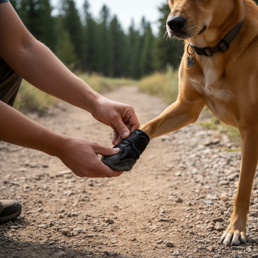 A hiker puts a protective bootie on their dog's paw before a hike on rough terrain