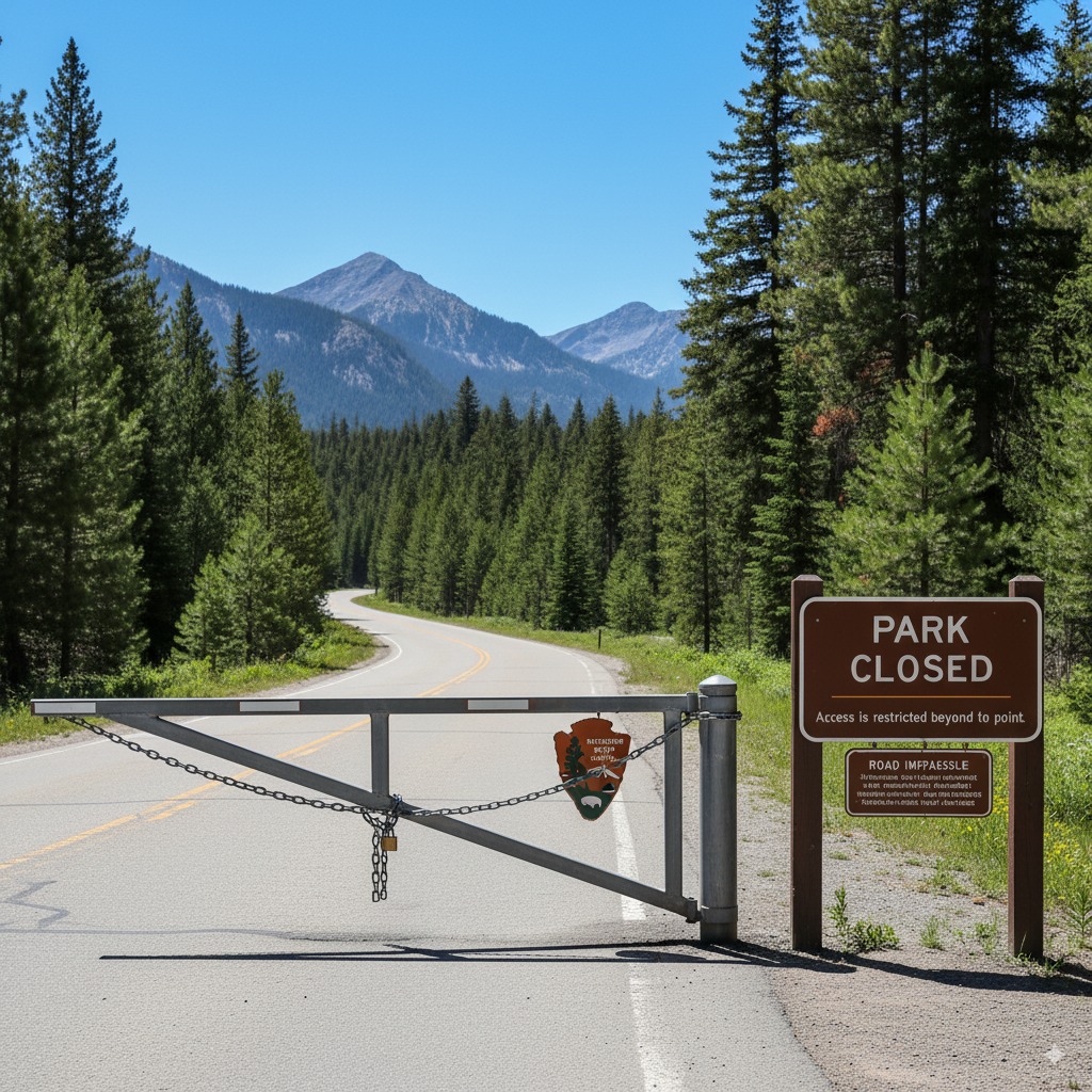 A clear, impactful photo showing a locked gate and a "Park Closed" sign at the entrance to a well-known national park.