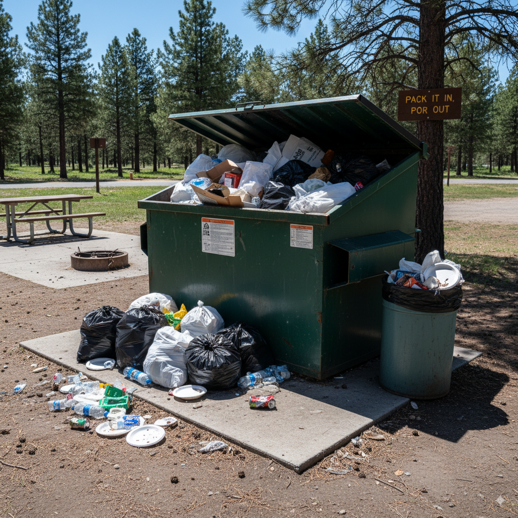 A photo of an overflowing dumpster and trash can at a federal campsite