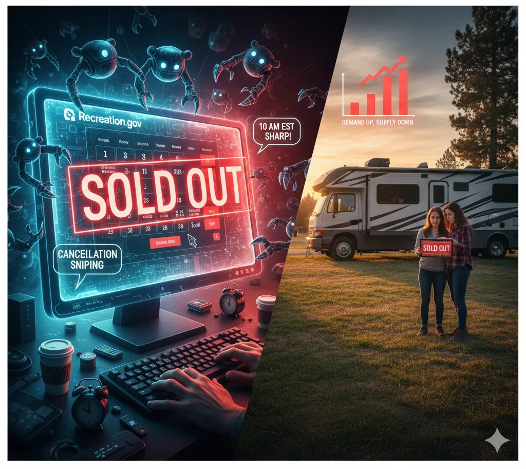 Visual representation showing campground booking difficulty with percentages of sold-out conditions and reservation competition from 2023 through 2024