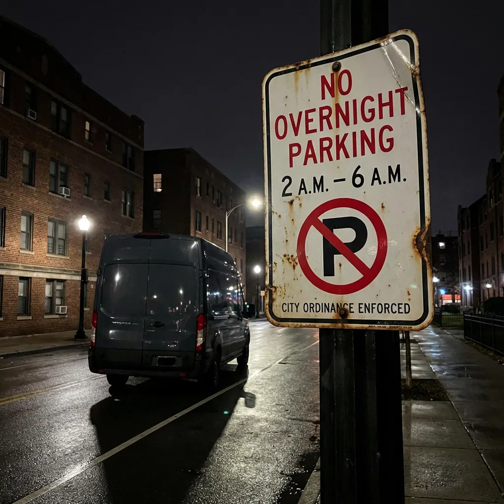 No overnight parking sign posted on city street between 2 a.m. and 6 a.m.