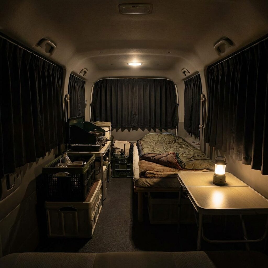 Van interior with blackout curtains installed blocking all windows for night stealth camping