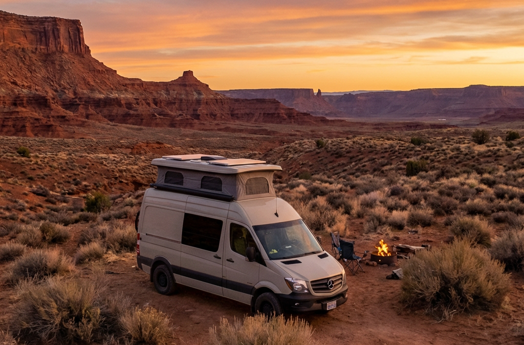 Class B camper van parked on BLM dispersed camping site in remote high desert at sunset