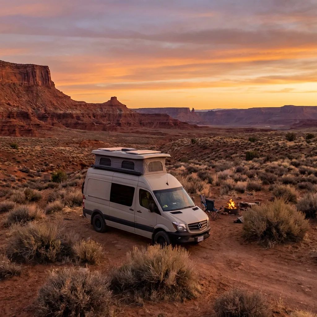 Class B camper van parked on BLM dispersed camping site in remote high desert at sunset
