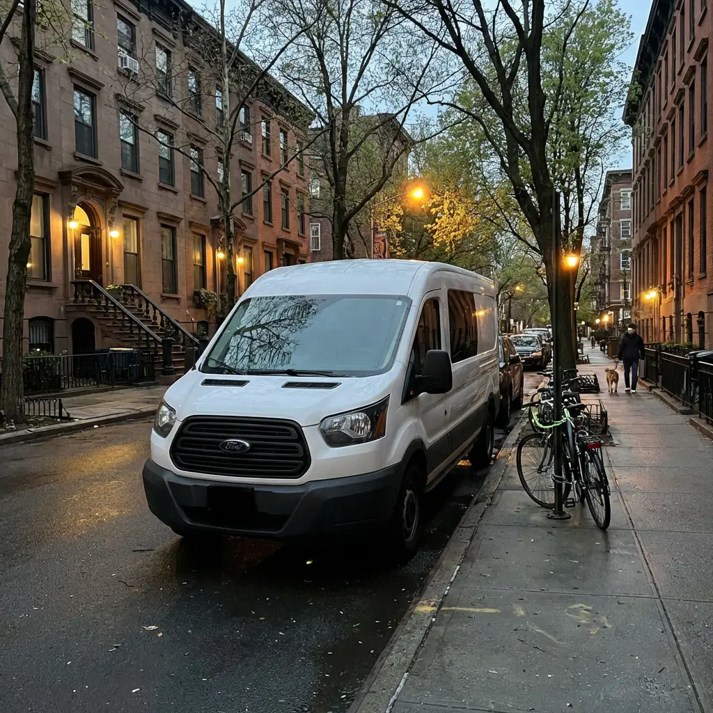 White cargo van parked on quiet urban street at dusk for overnight stealth camping