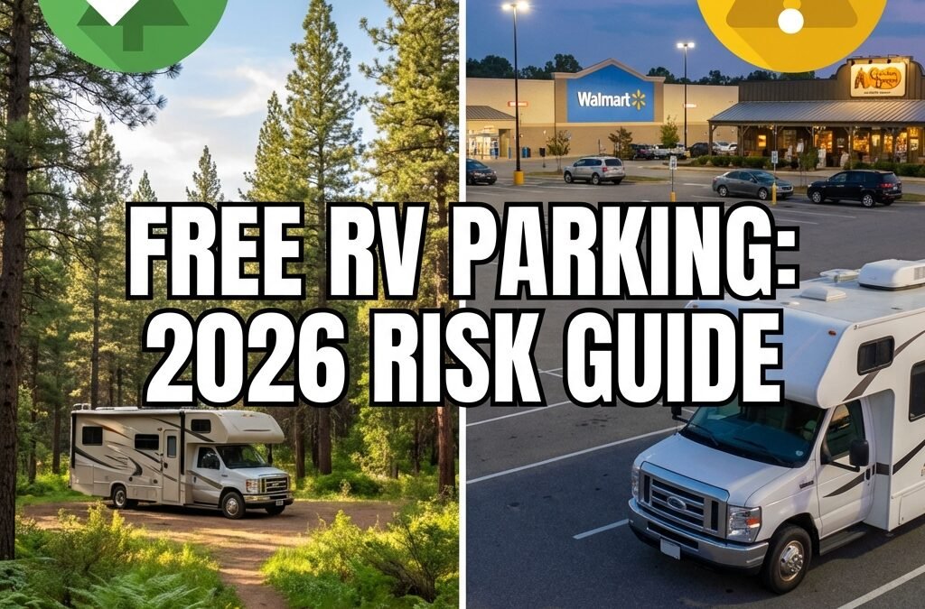 A split-screen composition. On the left, a serene image of an RV in a lush National Forest with a green 🟢 icon. On the right, an RV parked in a well-lit but paved Walmart or Cracker Barrel parking lot with a yellow 🟡 icon