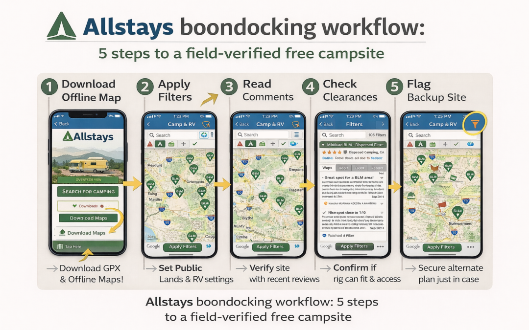 Five step workflow diagram for using Allstays app to find and verify BLM dispersed camping sites