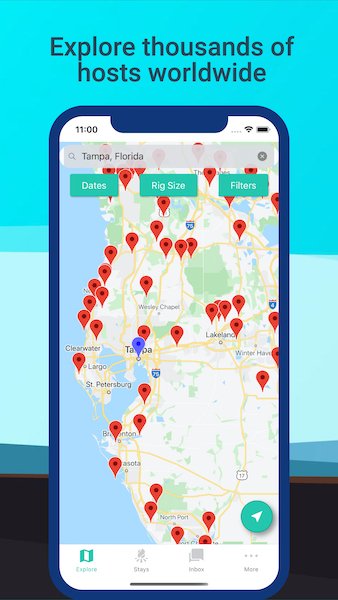 Boondockers Welcome mobile app screen showing host search and stay planning tools