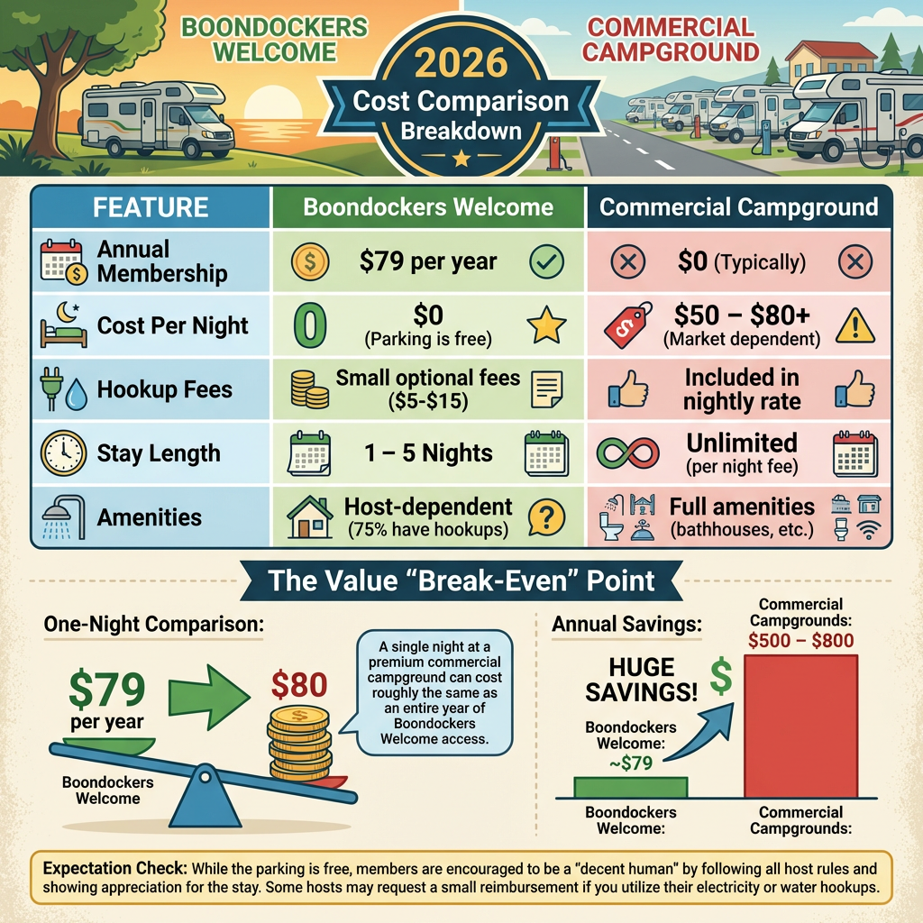 Boondockers Welcome cost comparison graphic showing membership versus campground night pricing