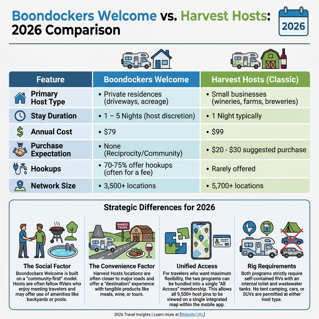 Boondockers Welcome versus Harvest Hosts comparison chart for RV travelers