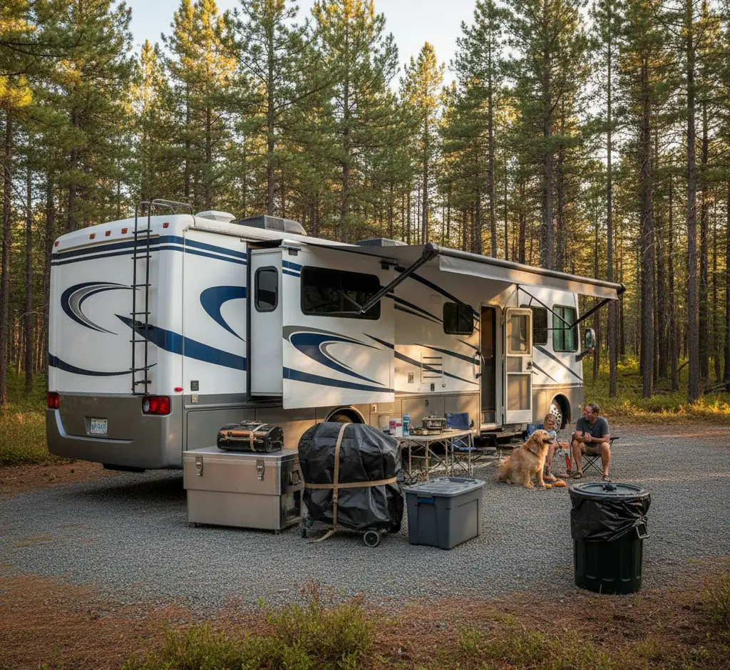 RV campsite with dog and owner