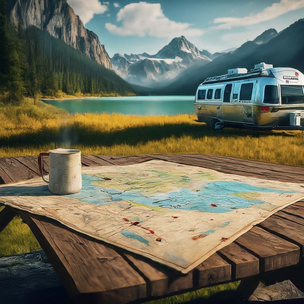Mug on map at picnic table