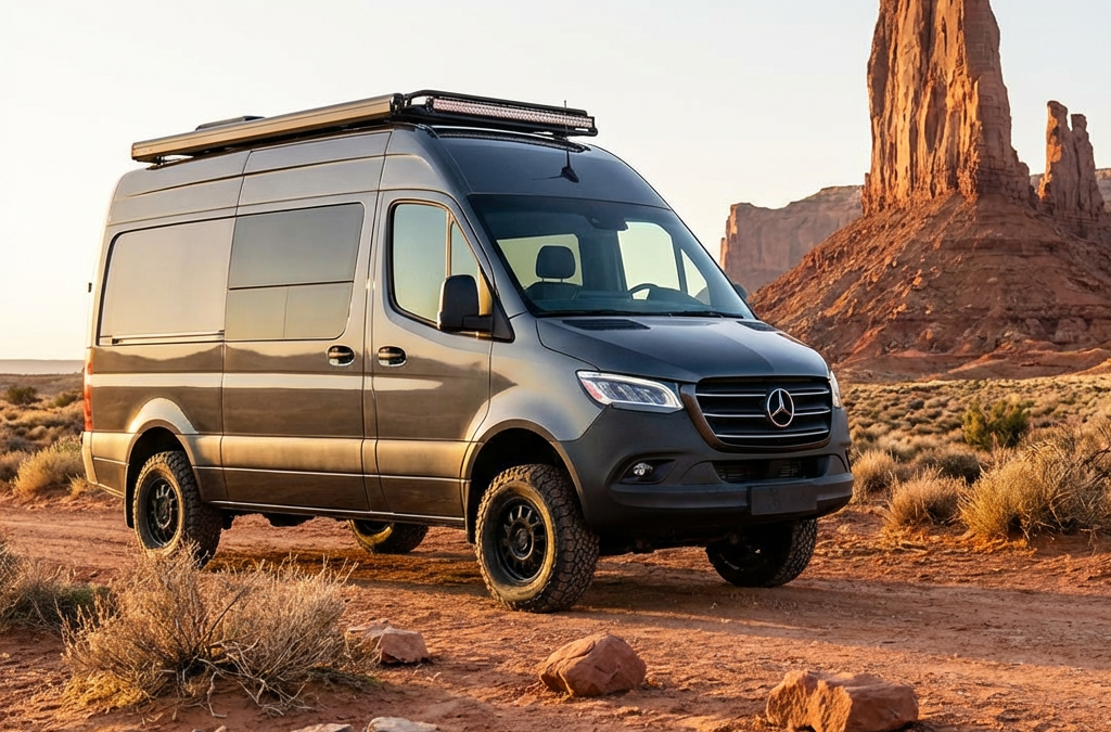 a dark gray Mercedes Sprinter-style camper van parked on a red dirt desert track at golden hour.