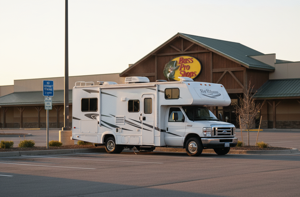 RV parked discreetly on the far perimeter of a Bass Pro Shops parking lot