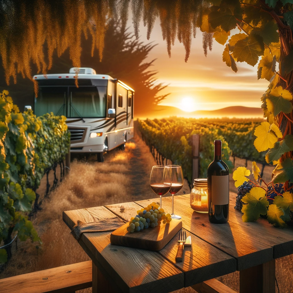 recreational vehicle (RV) parked beside a lush vineyard