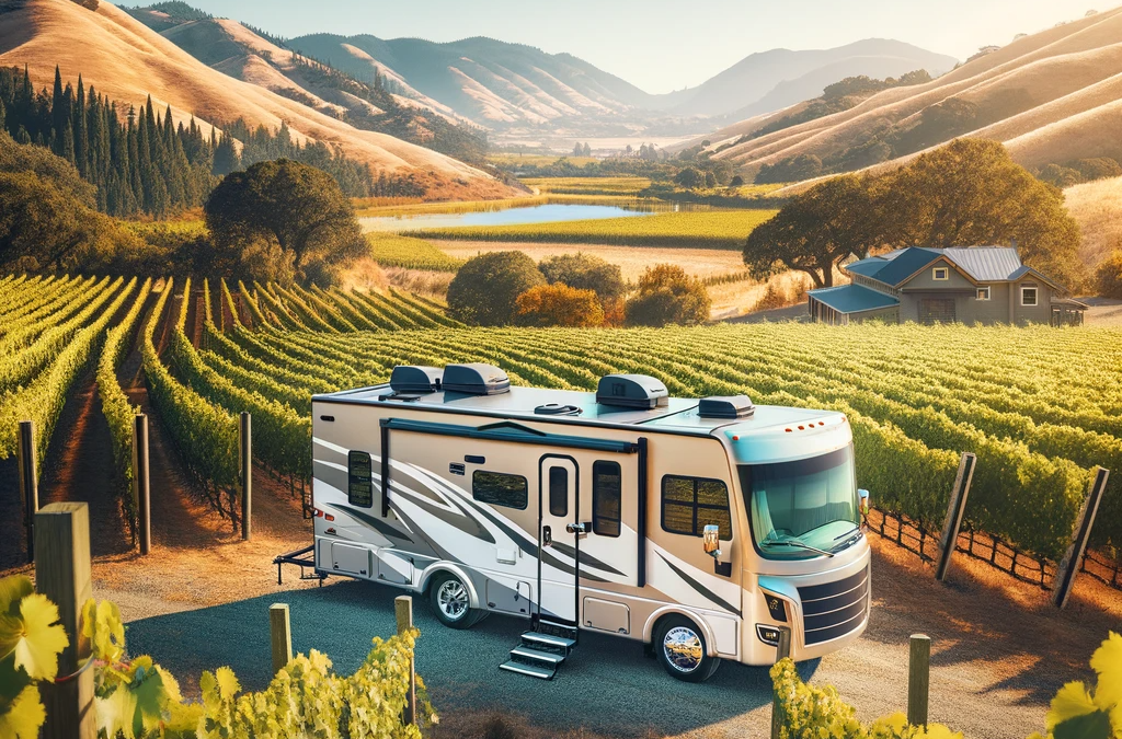 A modern RV in a picturesque vineyard
