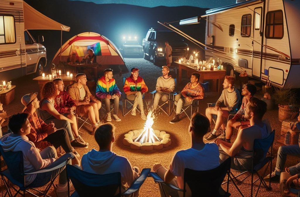 A diverse group of LGBTQIA+ people gathered around a campfire