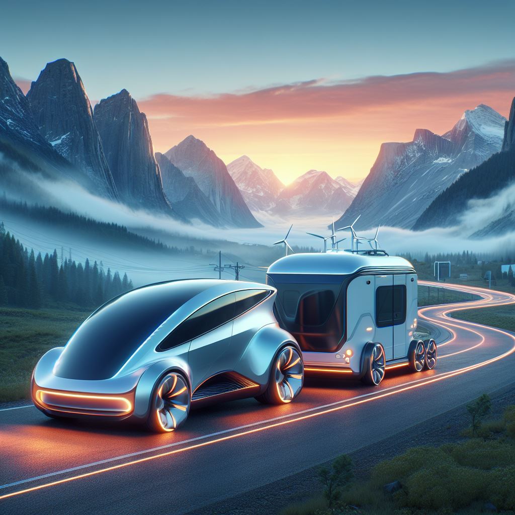 a futuristic EV Truck towing a futuristic travel trailer