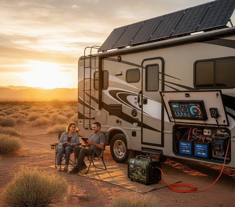Couple enjoying sunset near RV.