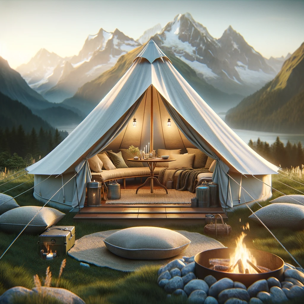 furnished bell tent set on a grassy hilltop
