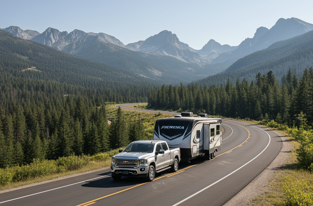 A pickup truck safely towing a travel trailer on a scenic highway, demonstrating a level and stable setup.