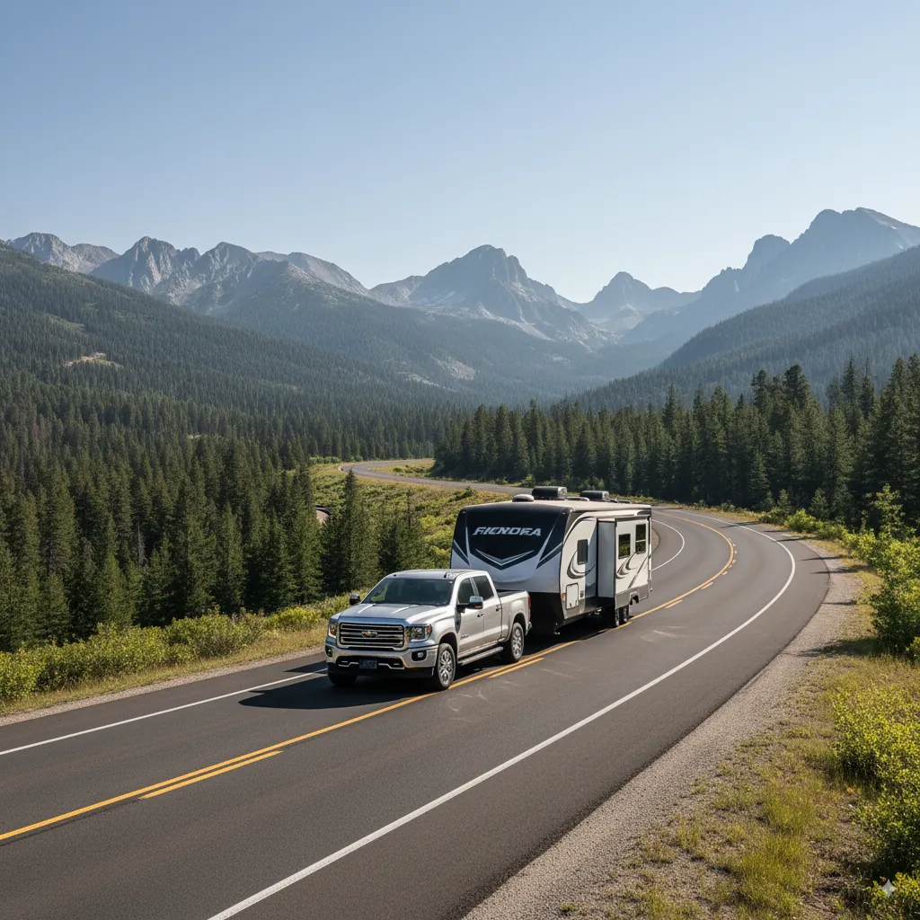A pickup truck safely towing a travel trailer on a scenic highway, demonstrating a level and stable setup.