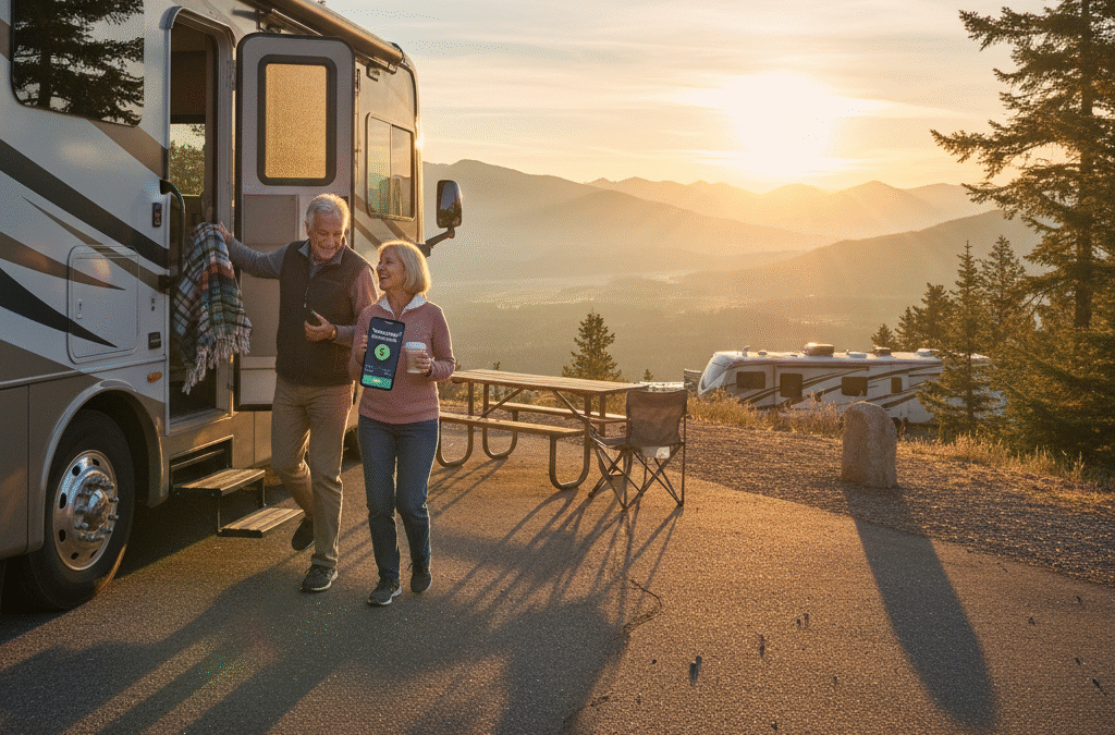 Senior couple stepping out of an RV at sunrise in a national park