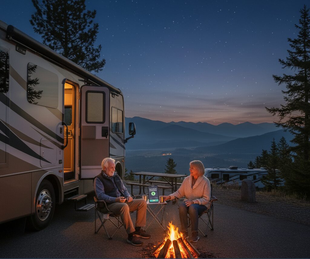 Senior couple sitting beside a campfire at a dispersed BLM campsite at sunset