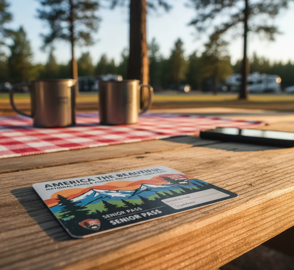 America the Beautiful Senior Pass displayed next to a National Park entrance sign