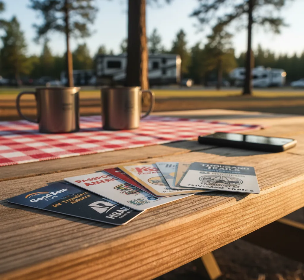 Collection of RV membership cards including AARP, Good Sam, and Escapees on a table