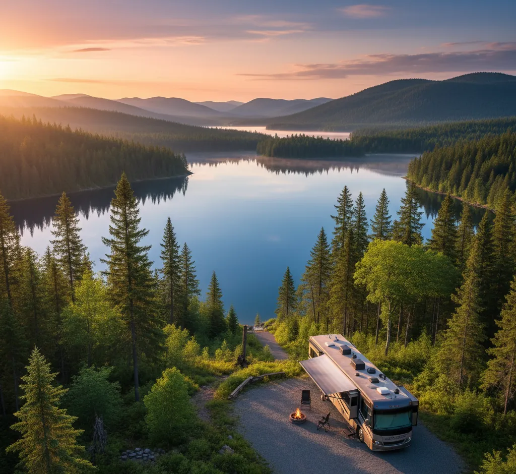 Full-hookup RV campsite overlooking a lake at a wooded state park